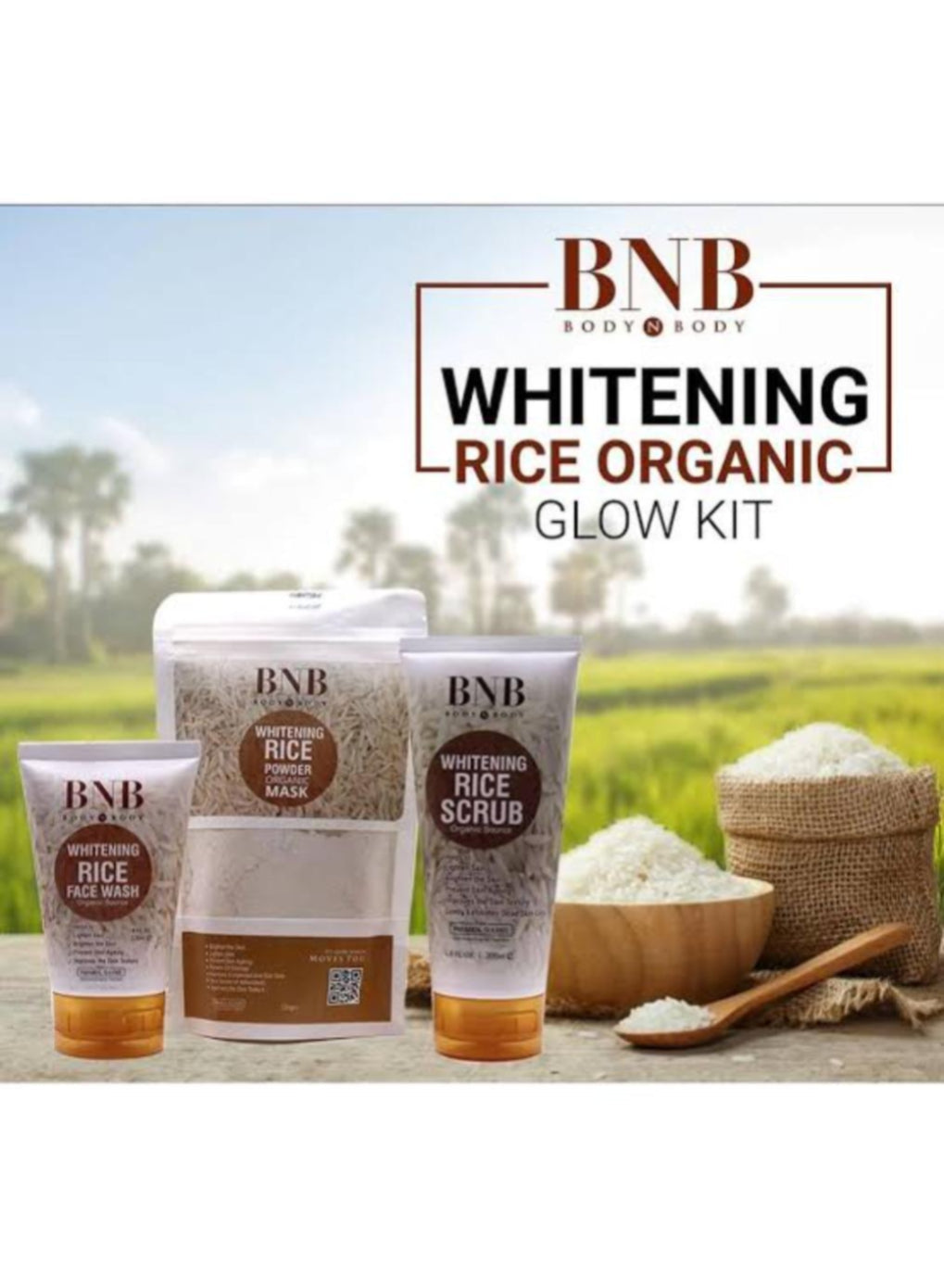 BNB Rice Glow Brightening Kit – Organic Face Wash, Scrub & Powder Mask for Radiant Glass Skin