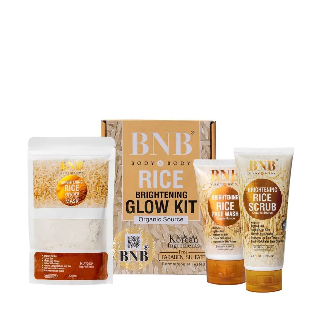 BNB Rice Glow Brightening Kit – Organic Face Wash, Scrub & Powder Mask for Radiant Glass Skin
